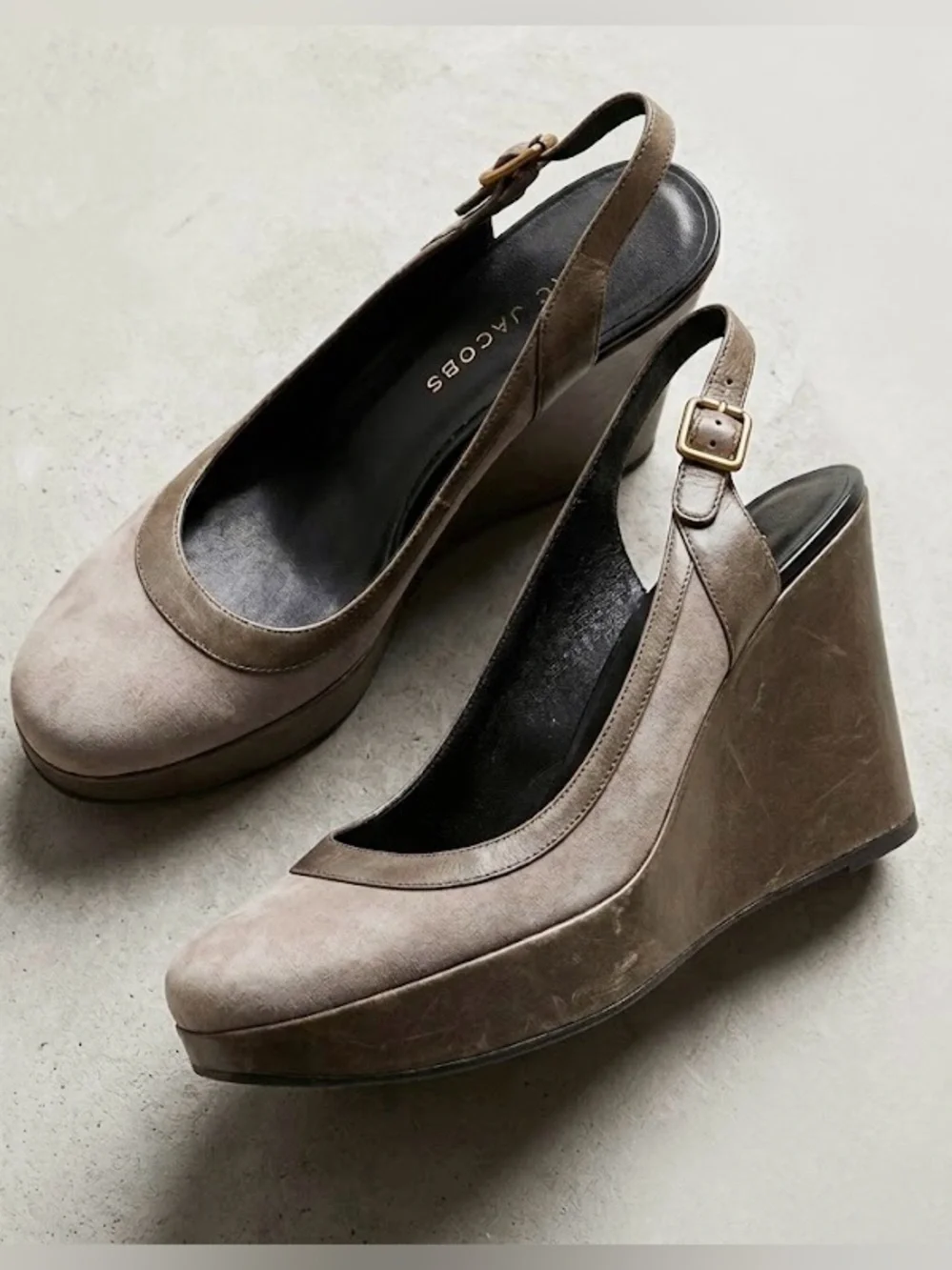 Marc Jacobs Taupe Suede Leather Slingback Platform Wedge Heels EU 39.5 US 9 Y2K